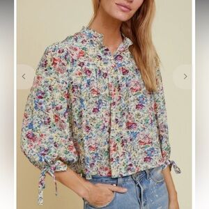 Warm 100% Silk Multicolor Floral Crop Blouse with  Balloon Tie Sleeves 21" PTP